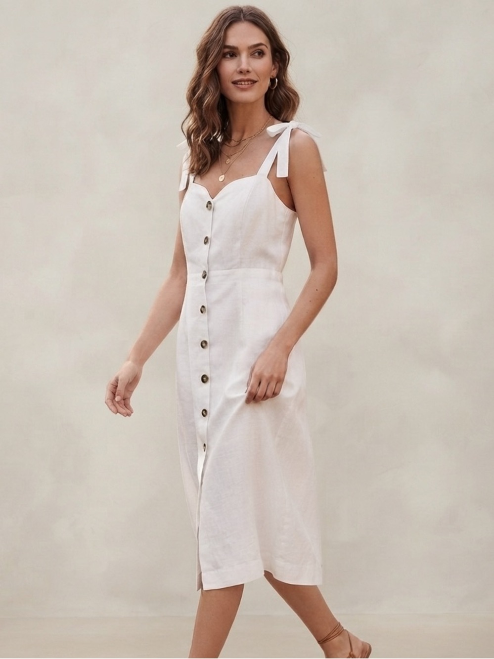 NWOT Wilfred Linen Crisp White Tie-Shoulder Strap ButtonFront Midi Dress Size 2
